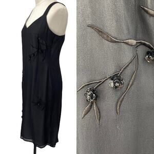 Vintage 90s Silk Mini Dress Beaded Embroidered Floral V Neck Sleeveless Black S